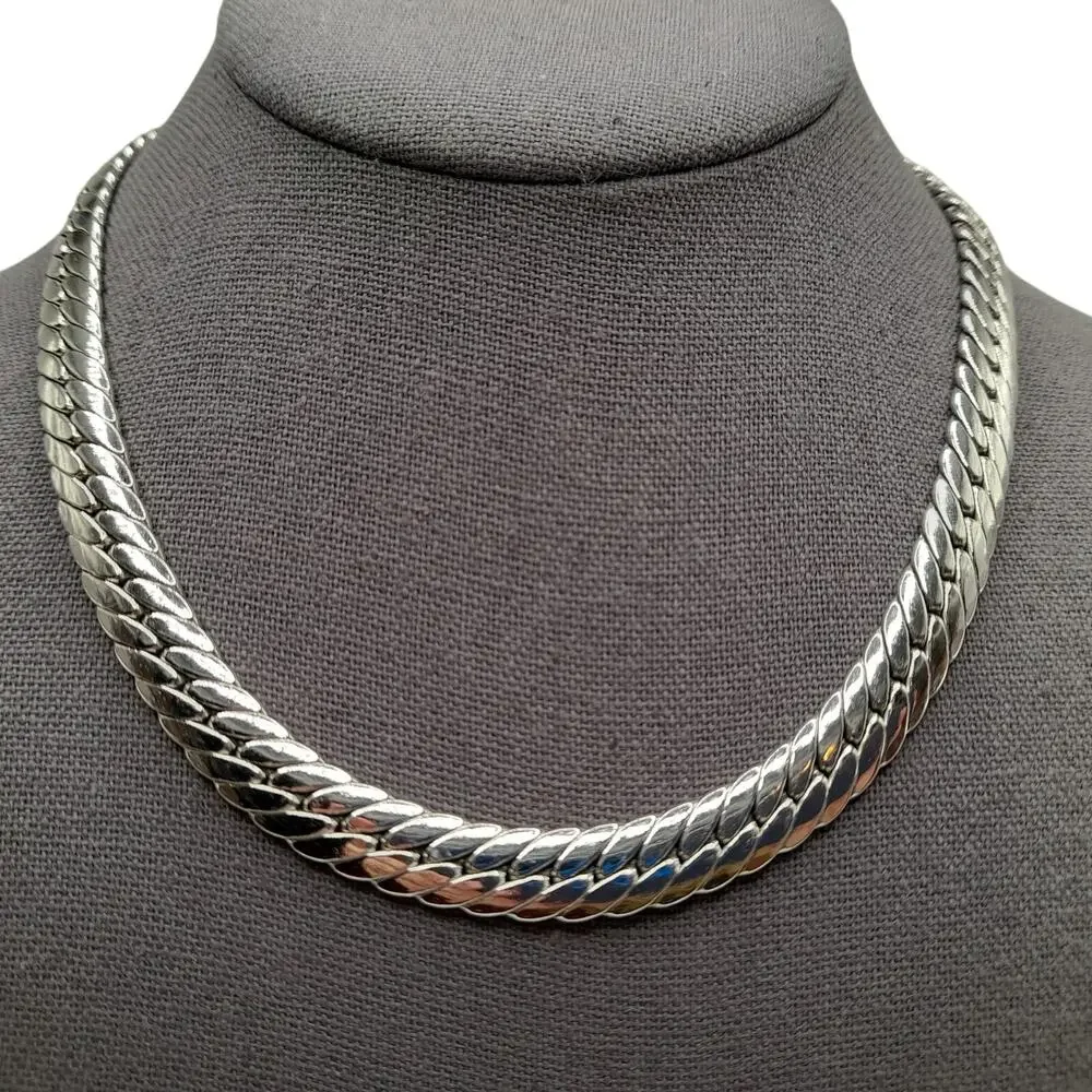 Vintage Foxtail Chain Choker Necklace, Rhodium Plated, 17